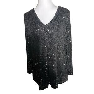 Black Sequin Meduim V-Neck Bell Sleeve Flowing Party Formal Cocktail Blouse